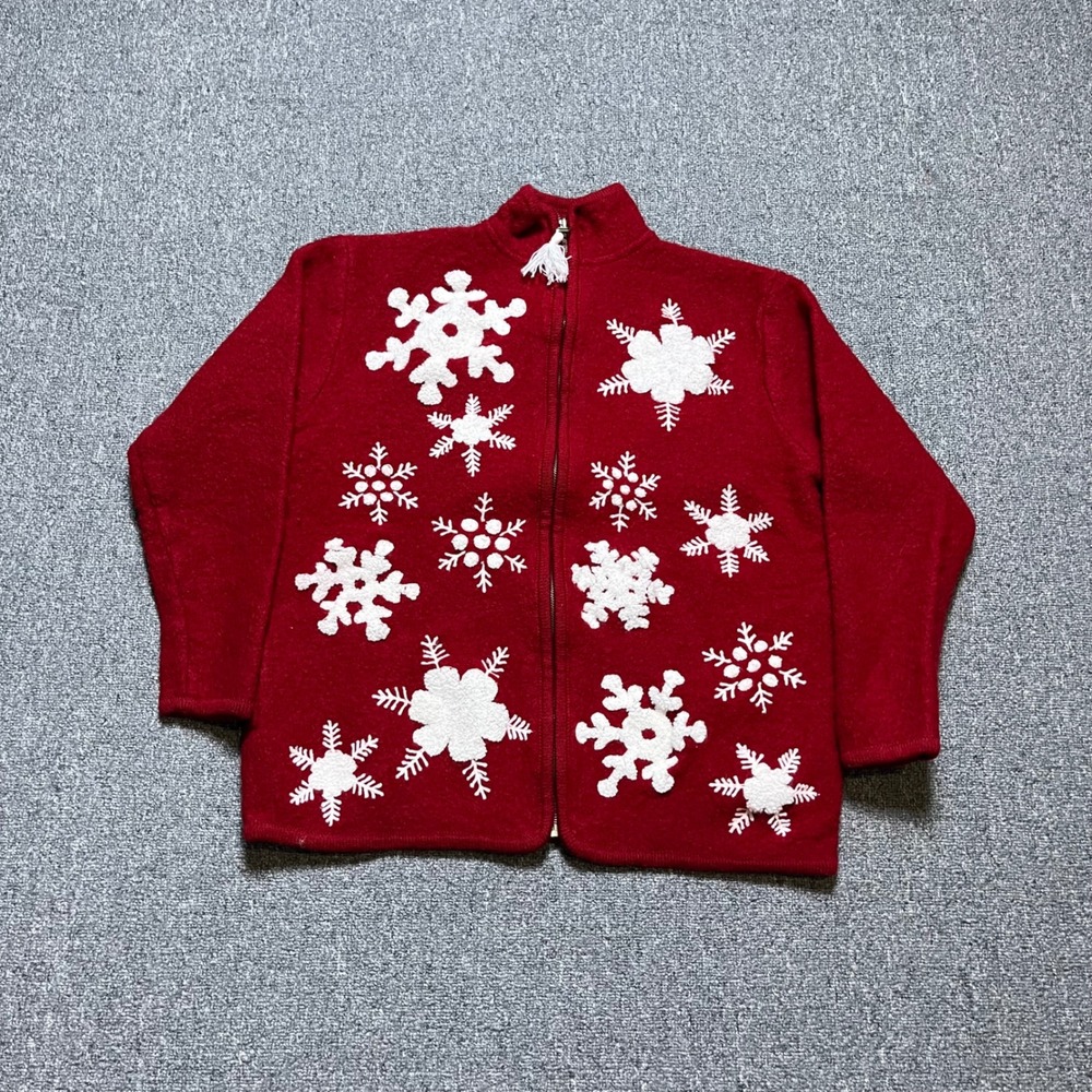 Vintage Lisa International Boiled Wool Snowflake Zip Up Cardigan Large Red 90s